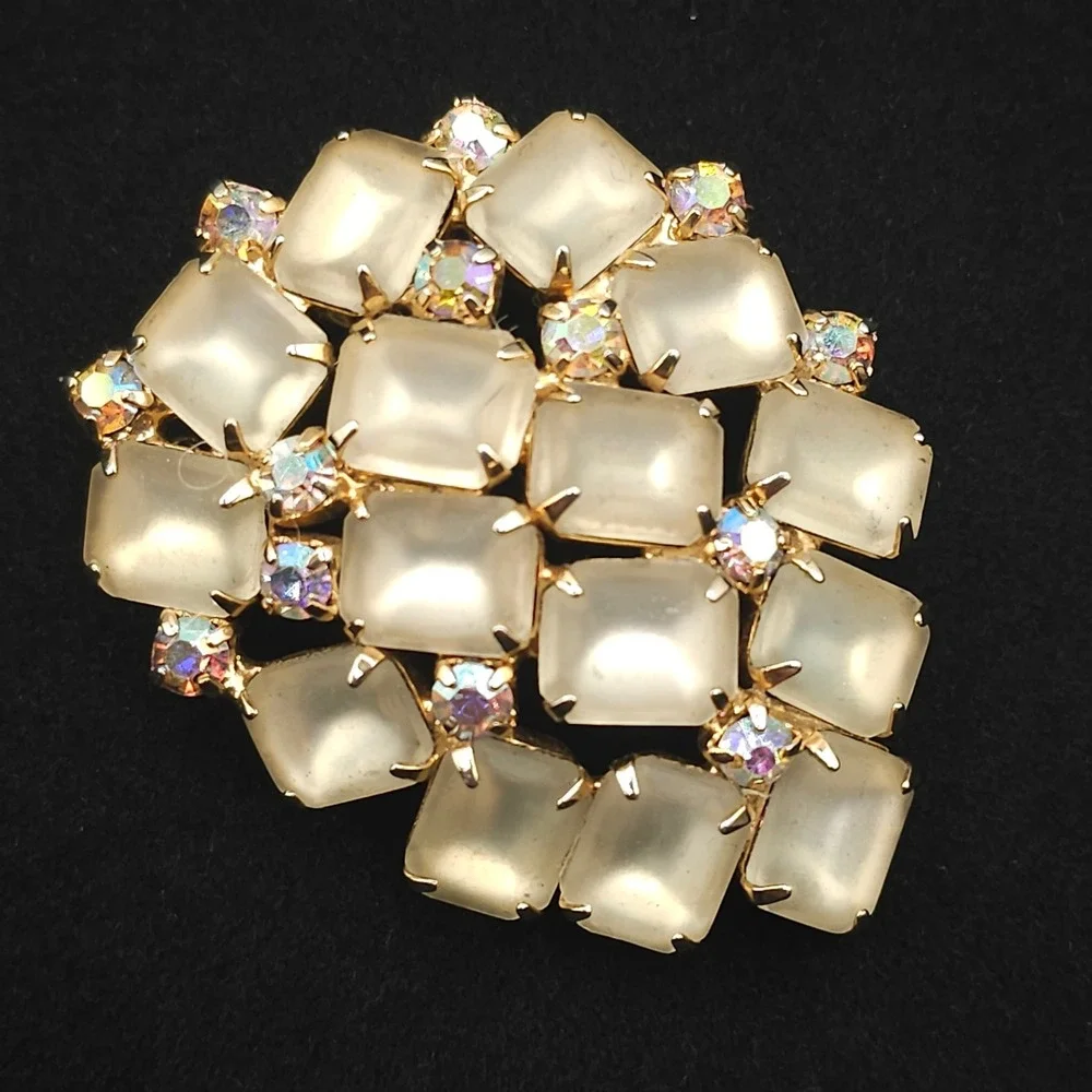 Vtg Frosted Glass Aurora Borealis Rhinestone Brooch Statement Gold Tone Wedding